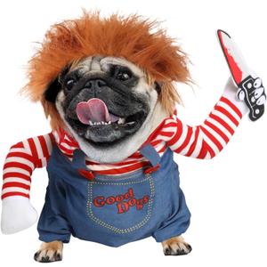 T2Y Dog Halloween Costume Pet Deadly Doll Chucky Dogs Costume with Knife & Wig, Dog Costumes for Medium Dogs Funny Party Cosplay Halloween for Corgi, Pug, Frenchie, DachshundM