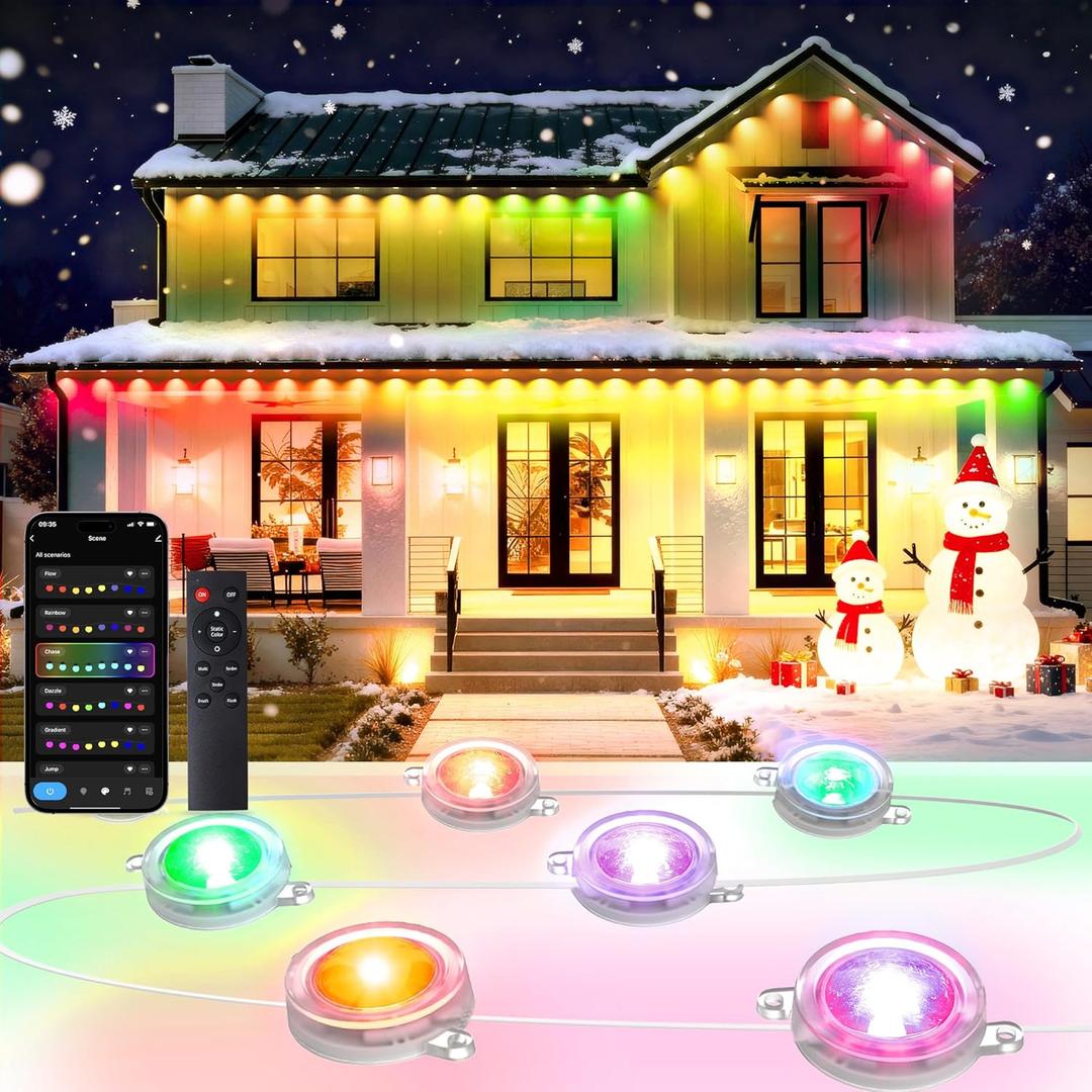 Pak Smart Permanent Outdoor Lights, 100FT with 60 LED, IP67 Waterproof Christmas String Lights, Scene Modes & Music Modes, Compatible with Alexa & Google Assistant, Outdoor Decor for House Garden