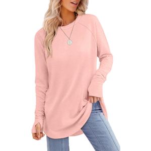 XIEERDUO Womens Tunic Tops to Wear with Leggings Long Sleeve Thumb Hole Shirts Crew Neck Curved Hem, Light Pink (3X-Large)