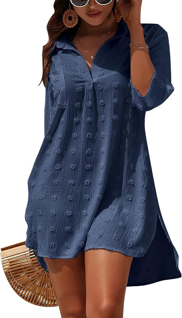 Blooming Jelly Womens Swimsuit Coverups White Chiffon Bikini Swimwear Beach Cover Up Dress Shirt (Large, Navy Blue)