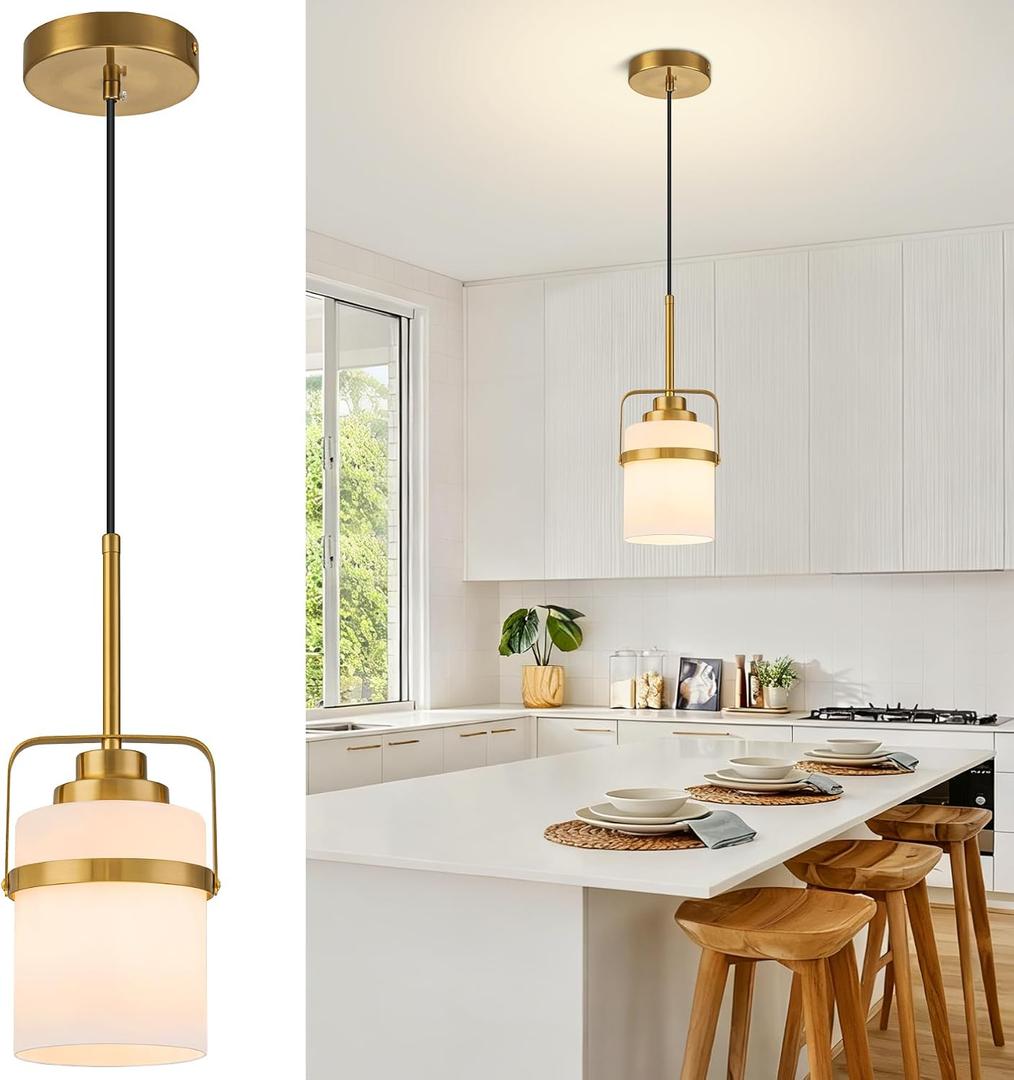 Modern Brass Pendant Lights Kitchen Island Light, Adjustable Hanging Light Fixture with Milk Glass Shade, Farmhouse Pendant Light for Dining Room Bar Over Sink/Table/Counter, 1 Pack