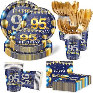 350PCS 95th Birthday Party Decorations for 50 Guests Blue and Gold Party Supplies for Men Include Disposable Paper Plates, Napkins, Cups, and Disposable Plastic Cutlery (95)