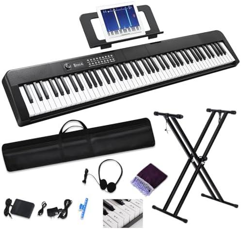 88 Key Digital Piano, Semi Weighted Electronic Keyboard Piano with Music Stand, Power Supply, Sustain Pedal, Bluetooth, Carrying Case, Headphones, USB-MIDI Compatibility, for Beginner Professional