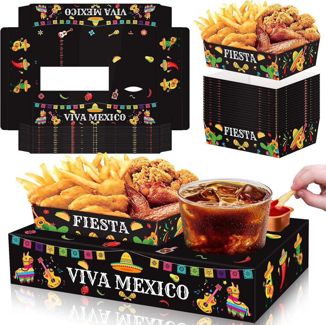 Jansun 36Pcs Fiesta Movie Night Snack Trays Candy Popcorn French Fries Snack Trays Mexican Party Plates for Snacks Tray Cinco De Mayo Party Supplies