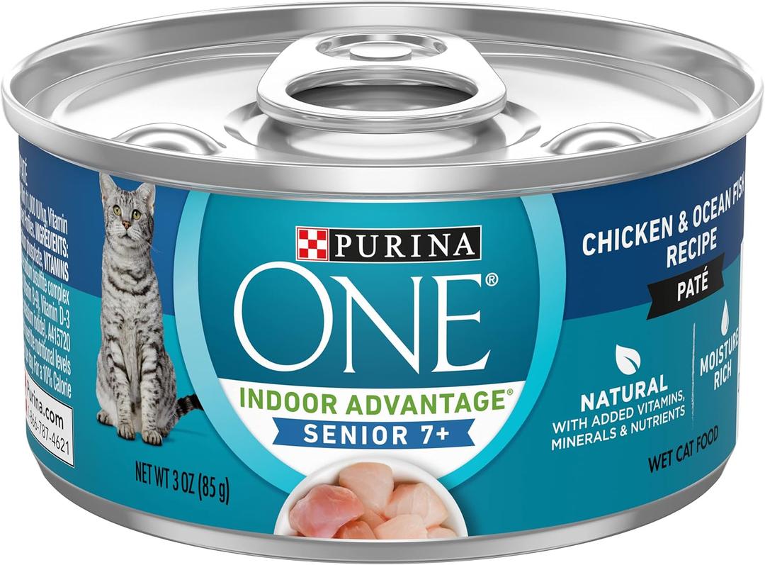 Purina ONE Senior Wet Cat Food, Vibrant Maturity 7+, 24 Pack 3 oz Cans | Grain free, chicken and whitefish pate recipes made with no artificial colors, flavors or preservatives for adult cat BBD:04-2028