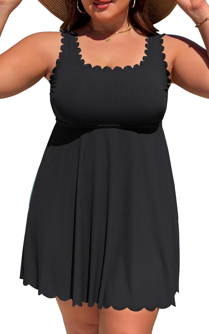 Charmo Women Plus Size Swim Dress Scalloped Square Neck One Piece Swimsuit Tummy Control Bathing Suit Rushed Swim Suits 2026 (2X, Black)