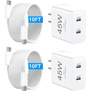 USB C iPhone Fast Charger,45W USBC Type C Charger with Long 10 FT USB C Fast Charging Cable Cord, Dual USB C Phone Charger Block for iPhone 17 Pro Max/17 Pro/Air/17/16/16 ProMax/Plus/S24/S25/S26 (White)