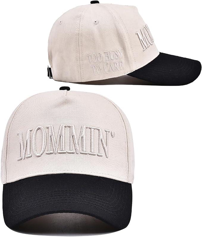 Mommin Trucker Hat for Women, Vintage Embroidered Mom Baseball Cap, Adjustable Women Ponytail Hat (White)