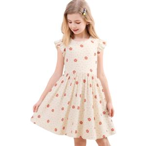 Girls Summer Ruffle Sleeve Floral Dresses Smocked Flowy A-Line Cotton Sundresses for Girl Casual Boho Dress 4-12 Y