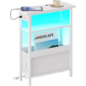 Creso hom Narrow Bedside Table with Charging Station and LED Light, Skinny Nightstand with USB Ports & Type-C, End Table with 1 Fabric Drawer, Slim Side Table for Bedroom, Nursery, Living Room, White