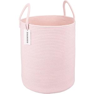 Cotton Rope Laundry Basket Hamper for Girls Kids Baby Nursery Hamper Bin Woven Storage Basket for Living Room Girls room Boho Tall Rope Baskets for Blanket Toys Large light pink (Regular)