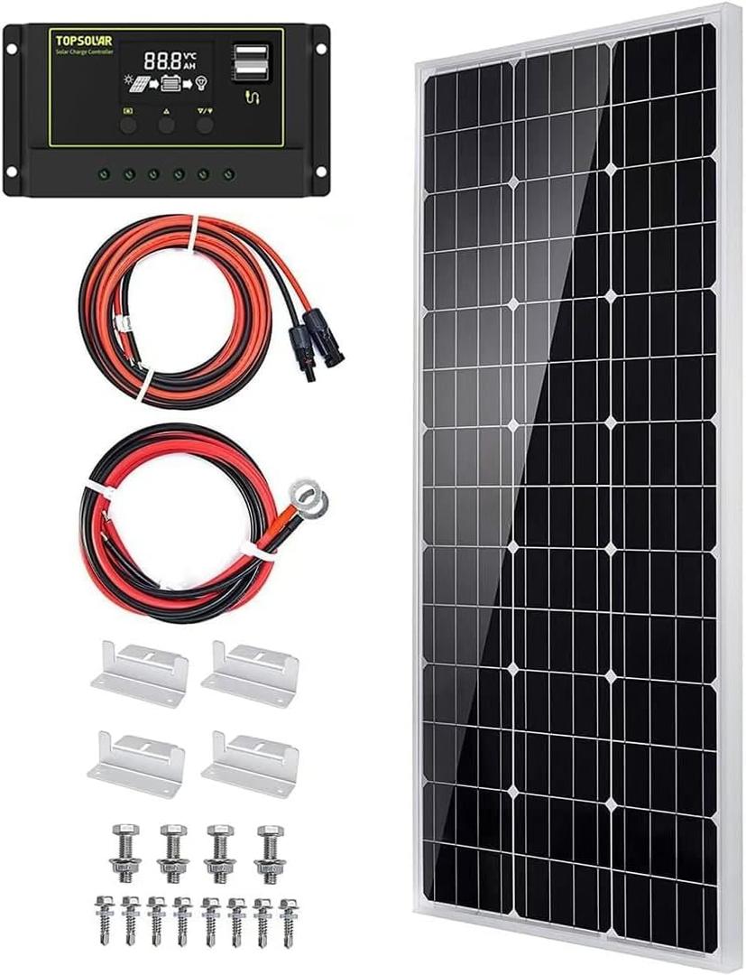 Topsolar Solar Panel Kit 100 Watt 12 Volt Monocrystalline Off Grid System for Homes RV Boat + 30A 12V/24V Solar Charge Controller +Solar Cables + Z-Bracket for Mounting