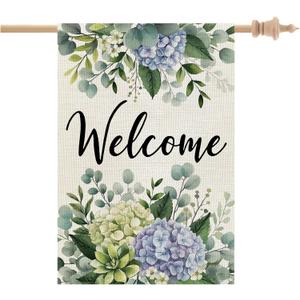 2 x CROWNED BEAUTY Spring House Flag Hydrangea Eucalyptus Double Sided 28x40 Inches Large Burlap Welcome Holiday Seasonal Yard Decoration for Outside Porch