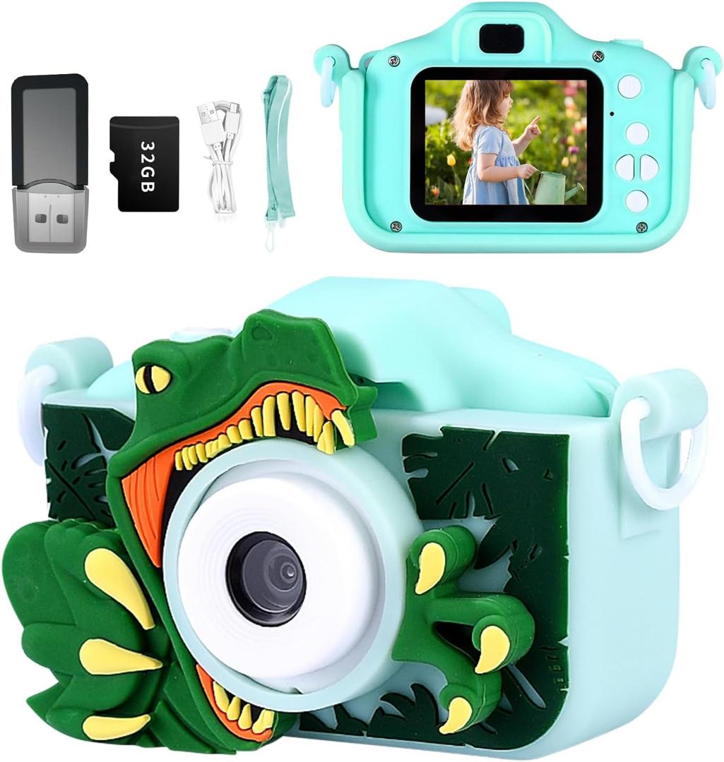 Kids Camera Toys with Green Dinosaur Camera for Kids,Cute Portable Little Boys Gifts Kids Camera Toys for 3-12 Years Old Boys,Selfie Camera for Kids (Green - Dinosaur)