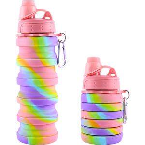 Collapsible Water Bottles for Travel, Foldable Sports Water Bottle for Kids, Reusable Water-proof Silicone Water Bottles with mountaineering Buckle for Camping Hiking Holiday (Pink)