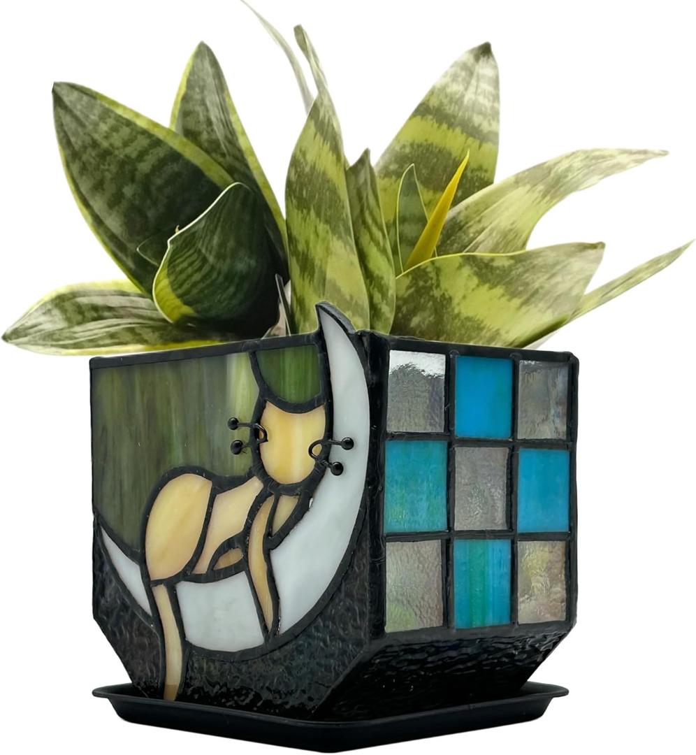 Tiffany Stained Glass Fun Moon Sleeping Cat PlanterCactus PlanterCute Planters for Indoor Plants,Decorative Flower Pots As Gifts for Cat Lovers4.6x3x5.15 in (Yellow-green)