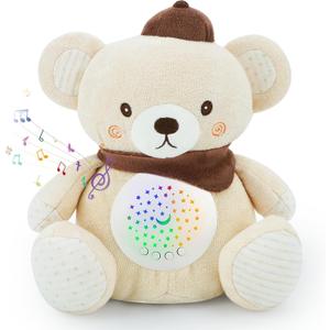 Baby Sleep Soother Bedtime Bear with Night Light Star Projector, Soft Cotton Stuffed Animal Toys for Boys Girls, Lullaby Music, White Noise for Newborn Shower Gifts