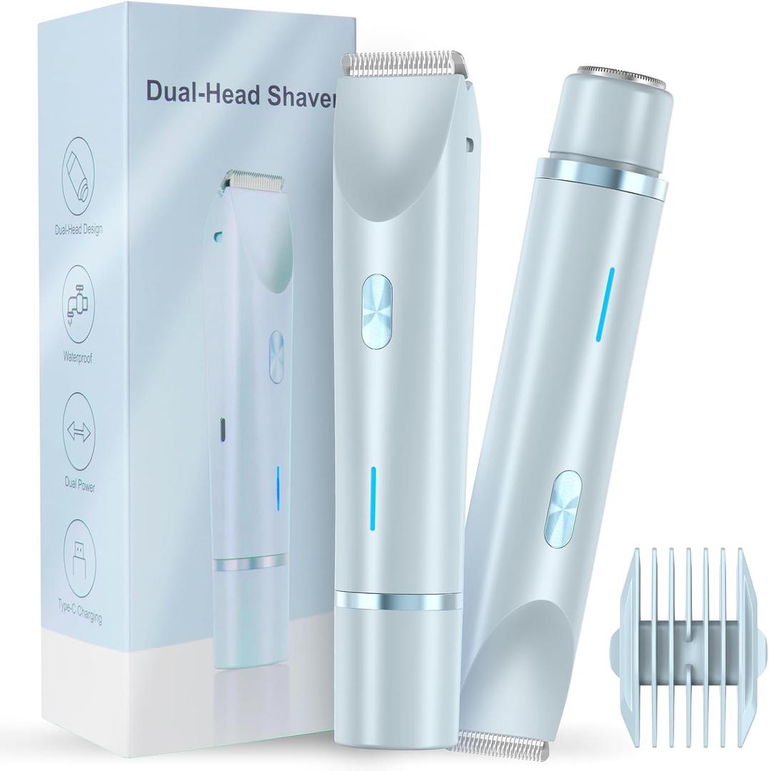 Women Bikini Trimmer, Dual-Head Hair Trimmer for Women,2-in-1 Bikini Shaver with Ceramic Blade Heads & Type-C Charging Port, Electric Razors for Women Pubic Hair,Underarms,Legs,Arms,Face (Blue)