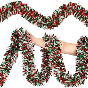 50FT Christmas Tinsel Garland, Red Green&White Metallic Twist Shiny Hanging Garland Ornaments for Christmas Tree, Party Supplies Thick Metallic Xmas Streamers