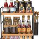 2 Tier Spice Rack Organizer for Countertop with Drawer and Basket, Suitable for Coffee Organizer, Kitchen Counter Storage, Bathroom Storage (Brown)