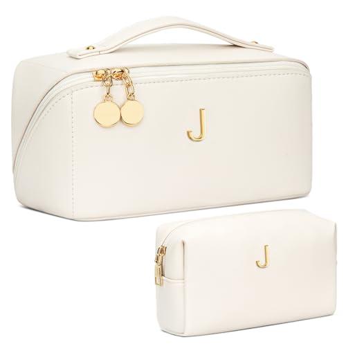CLOUDWINGS Birthday Gifts for Women Teen Girl, Personalized Initial Makeup Organizer Bag Set, Open Flat Travel Cosmetic Bag With Clear Divider and Handle(Beige,J)