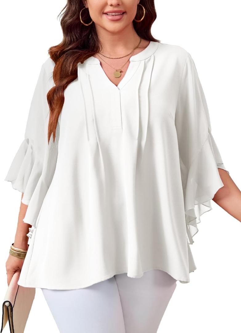 SCOMCHIC Women's Plus Size Blouse 3/4 Sleeve V Neck Chiffon Dressy Casual Shirts Business Work Office Tunic Tops XL-5XL (White)