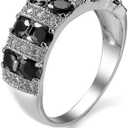 WTH OYE 925 Sterling Silver Full Diamond Ring Shiny Black Onyx Ring Oval Cut Cubic Zirconia Promise Rings CZ Black Gem Cocktail Rings Eternity Engagement Wedding Band Ring for Women W.53 (US Code 7)