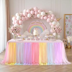 Rainbow Tulle Birthday Party Tablecloth for 6 Foot Rectangular Tables 6ft Rectangle Rainbow Table Cloths for Parties Wrinkle Free Table Cover with Tutu Skirt for Baby Shower Girls Banquet Buffet Cake (72" x 30" (6FT - 1 Pack))