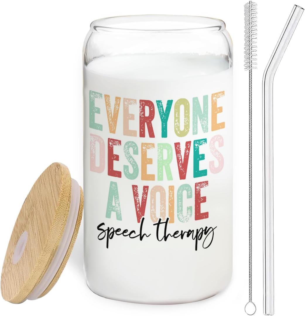 Speech Therapy Mental Health Gifts Glass Cup,Everyone Deserves A Voice Glass Cup With Lids And Straws 14oz, Slp Speech Pathologist Inspirational Counseling Gifts