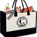 BeeGreen Gift Basket Monogram Initial Canvas Tote Bag with Pocket Embroidery Personalized Tote for Mom Teacher Friend (Natural With Black)