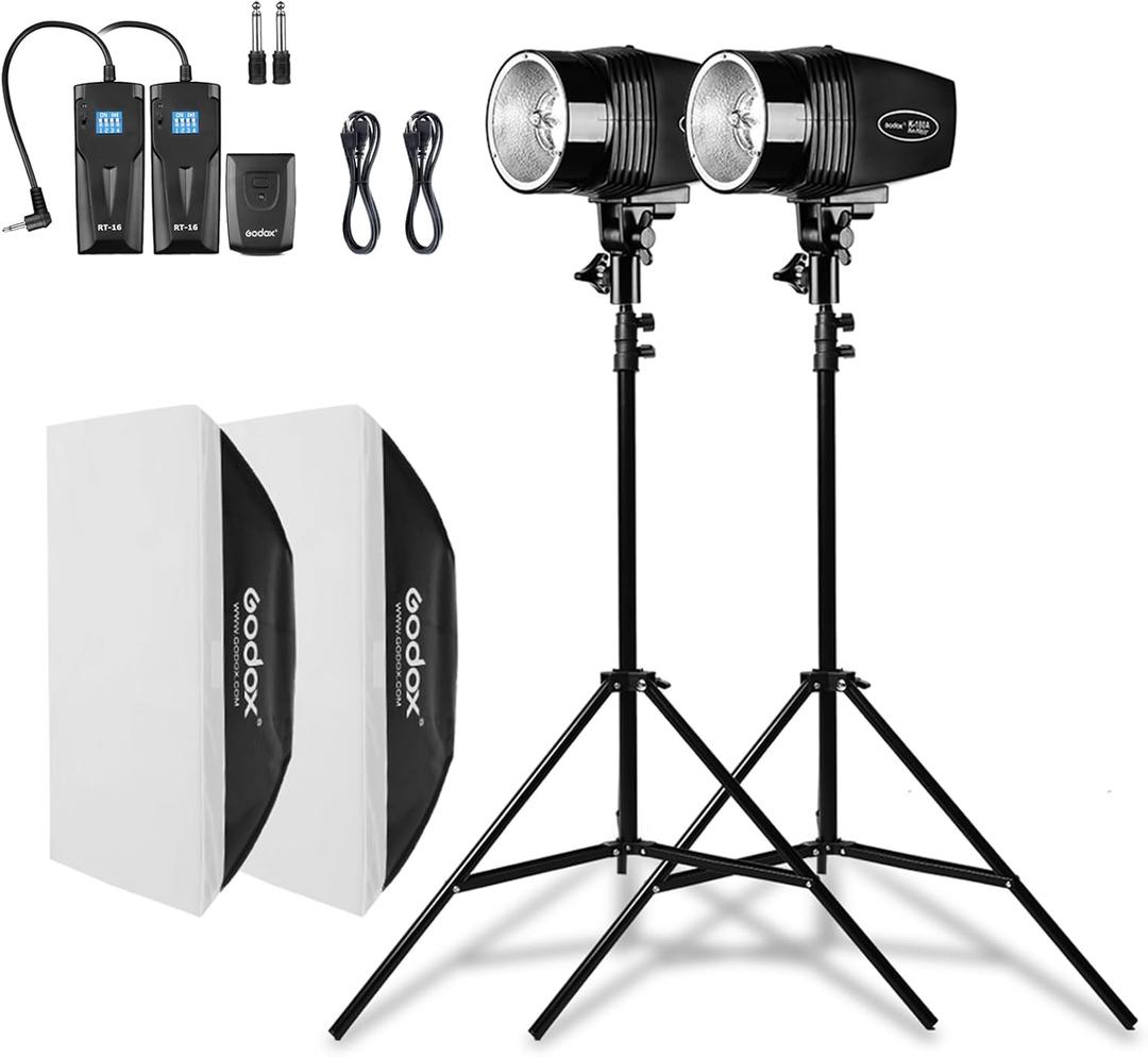 Godox Professional Studio Flash Kit for Photography, Strobe Lights Softbox Lighting Kit, 2x180W 5600K Compact Monolights with Flash Trigger, Softbox, Light Stands