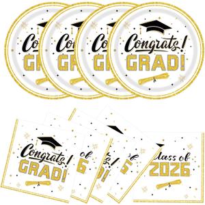 40Pcs Graduation Plates and Napkins Party Supplies, Disposable Class of 2026 White Gold Paper Plates Napkins Tableware Set for Congrats Grad Party Decorations
