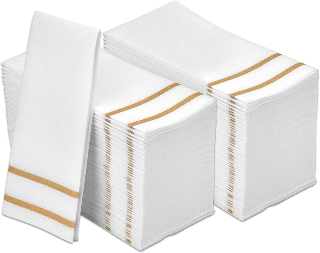 Disposable Hand Towels for Bathroom, Gold Design 200 Disposable Linen-Feel Guest Towels Formal Dinner, Wedding Napkins for Tables, and Restrooms - 8.5x4-Inches Folded 12x16.5-inches Unfolded