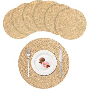 UZIASS Woven Placemats Set of 6-Round, 14" Table Mats,Natural Wicker Boho placemats for Minimalist Home Decor Dining Table Kitchen