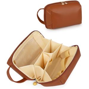 Travel Makeup Bag Gift for Women, Soft PU Leather Cosmetic Bags, Waterproof Toiletry Bag, Portable Wide Open Pouch, Travel Cosmetic Bag with Divider and Handle, Medium, Brown