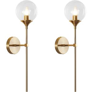 BOKT Clear Bubble Glass Globe Wall Mounted Sconce Light Set of 2 Modern Brass Gold Long Pole Wall Sconce Lighting Set of Two Mid Century Vintage Bathroom Mirror Wall Lamp (Clear)
