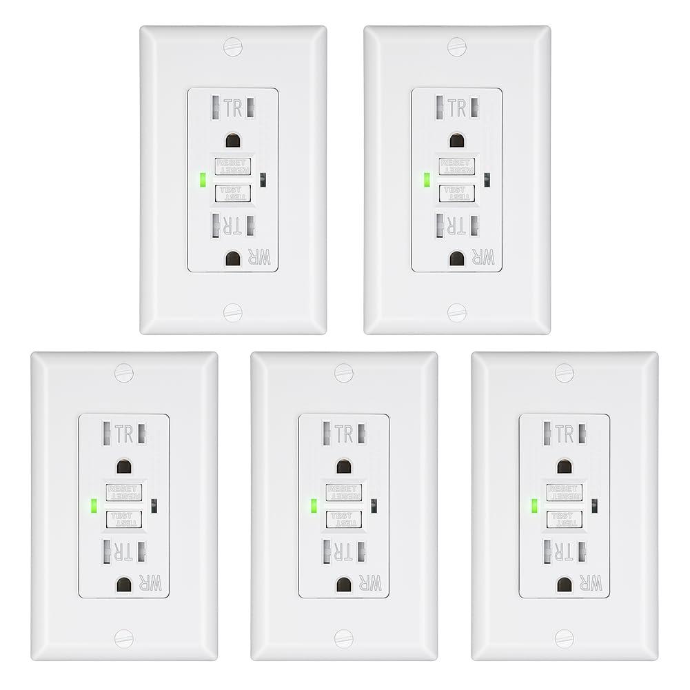 DEWENWILS 5-Pack GFCI Outlet 15Amp, Outdoor Weather-Resistant(WR), Tamper-Resistant(TR), UL Listed, Gfi Self-Test, LED Indicator, Wallplate Included with Thinner Design, White