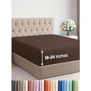 Extra Deep Full Fitted Sheet - Hotel Luxury Single Fitted Sheet Only - Easily Fits 18 inch to 24 inch Mattress - Ultra Soft, Wrinkle Free w/ Extra Deep Pockets - Easy-Care, Breathable & Comfy - Brown