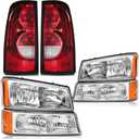Headlights Tail Lights Assembly Combo Compatible with 2003-2006 Chevy Silverado 1500 2500 & HD Models, Chrome Housing Amber Side Headlamp + Taillight Rear Brake Lamp