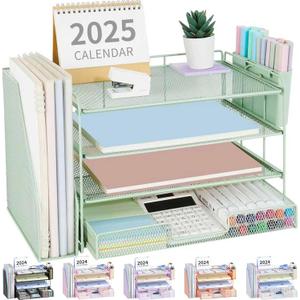 OPNICE Desk Organizer, 4-Tier Desktop File Organizer with Drawer and 2 Pen Holders, Office Desk Accessories, File Sorters, Workspace Organizers for Office Supplies(Green)