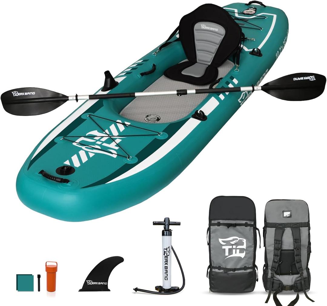 TIGERXBANG 10.2'x35''x8'' Inflatable Kayak with Detachable Seat, SUP-Kayak Set Includes Hand Pump/ Aluminum Oar/ Backpack, Inflatable Boat for Adults/ Kids | for Fishing, Touring-Green