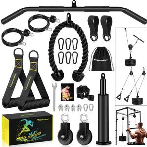 RENRANRING Pulley System, Weight Cable Pulley System for Home Gym,Cable Machine Attachment with 2 in 1 LAT Pull Down Bar,Tricep Rope,Long Strap,Exercise Handles for Biceps Curl, Forearm (Black)