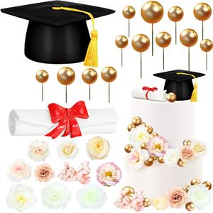 50 Pcs Resin Graduation Cake Cupcake Toppers Cap and Diploma Gold Balls Kit Congrats Grad Cake Decorations for 2025 Master Graduation Party Middle High School Supplies(Black)