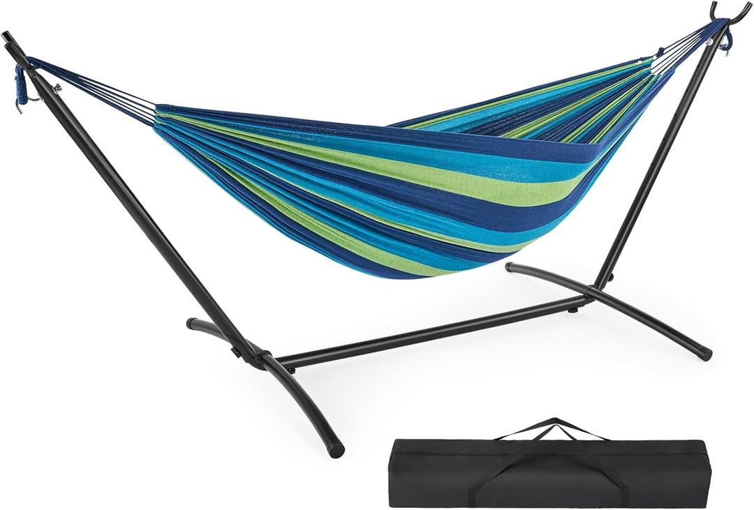 DUMOS Double Hammock with Space Saving Stand, Heavy Duty Steel Frame, Portable for Outside & Indoor Use, 450lbs Capacity, Easy Assembly, Carrying Bag Included, Blue (96IN)