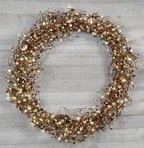 Red Co. 22” Light-Up Christmas Wreath with Red and Cream Pip Berries, Battery-Operated LED Lights with Timer
