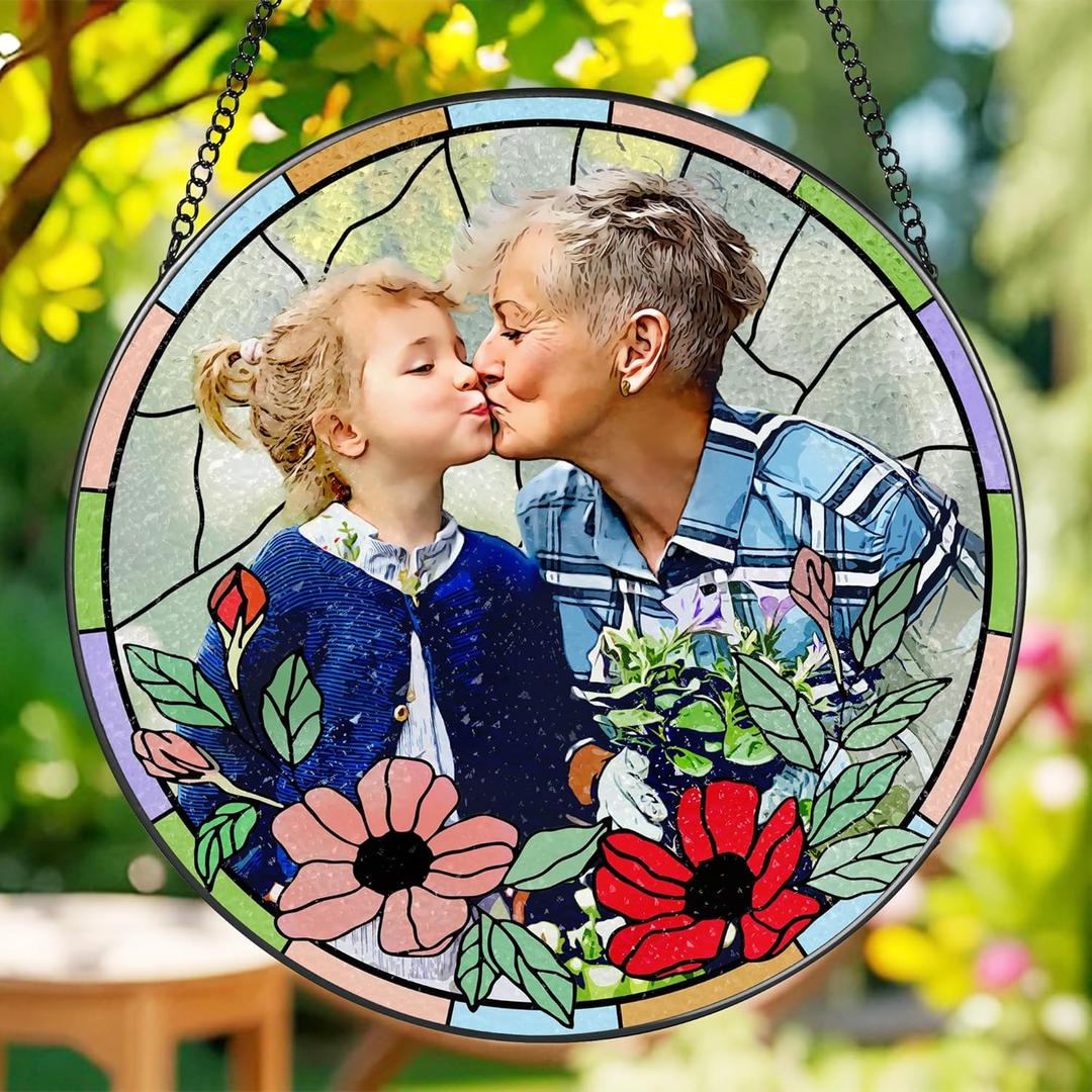 Custom Photo Gifts for Grandma - Stain Glass Window Hanging - Sun Catchers Indoor Window - Grandma Gifts - Mothers Day, Birthday, Christmas, Valentine's Day, Thanksgiving Gift - Pink Red Flower