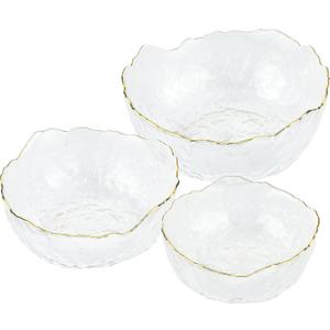 Navaris Glass Serving Bowls - Set of 3 Gold Edge Tempered Glass Dessert Bowl Dishes for Ice Cream, Jelly, Fruit, Hot, Cold Food- Small, Medium, Large