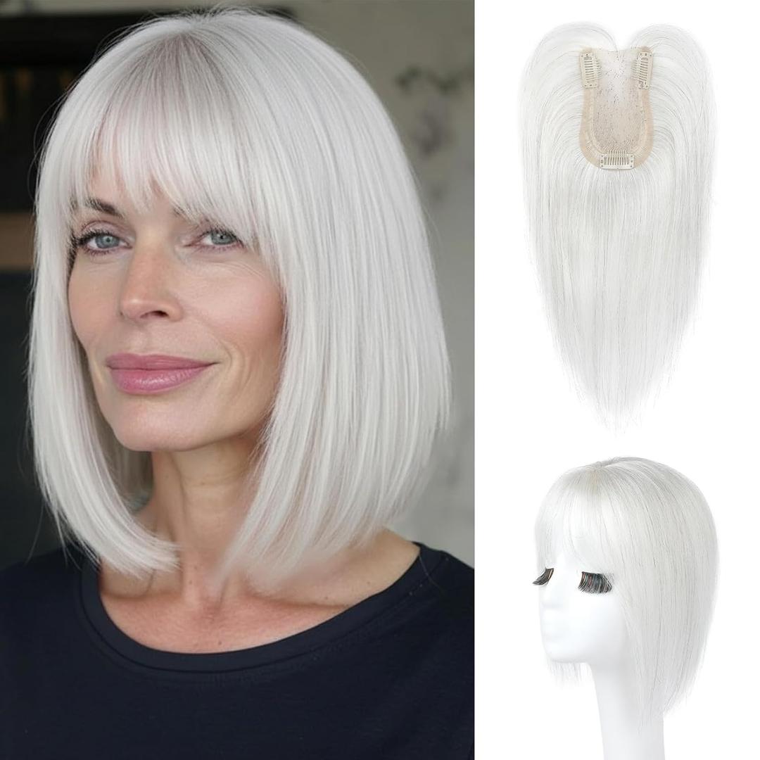 HOOJIH Hair Topper for Women with Thinning Hair 4x2.5inch Base Real Human Hair Topper with Bangs Handmade Invisiable Lace Front Topper - Silver White