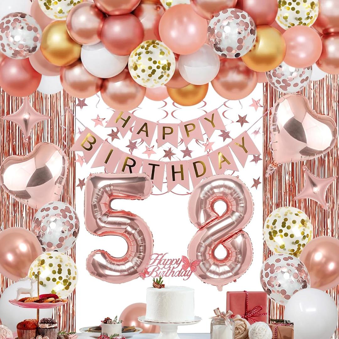 58th Rose Gold Birthday Party Decorations for Women, Rose Gold Happy Birthday Banner, Fringe Curtains, Heart Foil Balloons, Confetti Balloons, Cake Topper for 58th Birthday Decorations