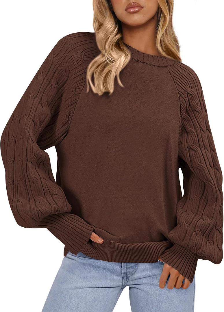 PRETTYGARDEN Womens Sweaters Spring Fashion 2026 Crew Neck Cable Knit Casual Loose Chunky Tunic Sweater Winter Clothing (Brown, XXL)